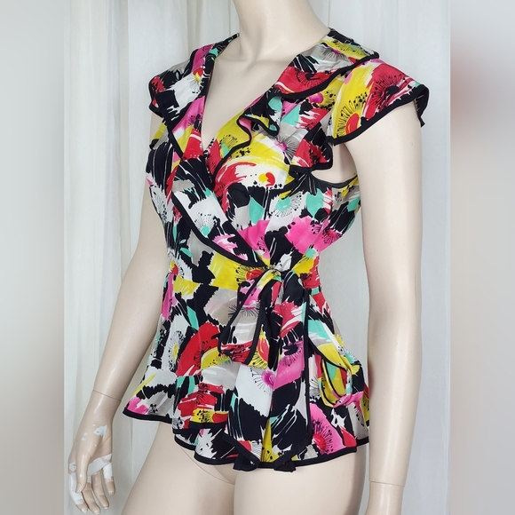 Nanette Lepore silk ruffled wrap tie floral top blouse M/10 - Picture 3 of 11